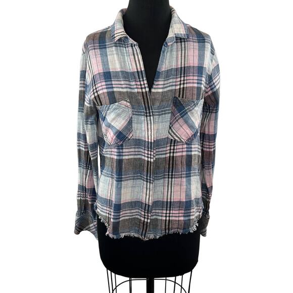BELLA BAHL Blue/Pink Plaid Linen-Cotton Flannel Button-Up Shirt Top Cowgirl S - Picture 1 of 9